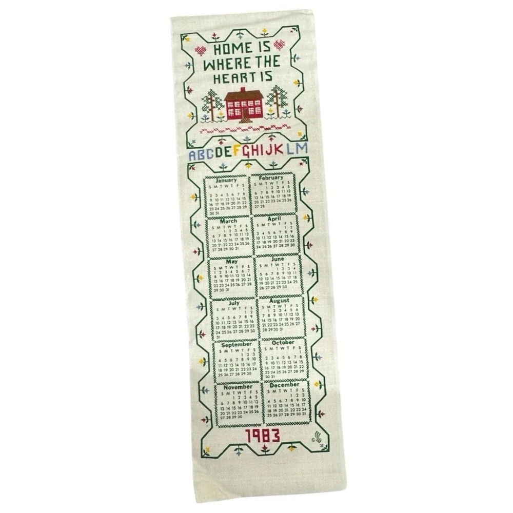 Vintage 1983 Stevens All Linen Calendar Towel Home Is Where‎ The Heart Is w/Box